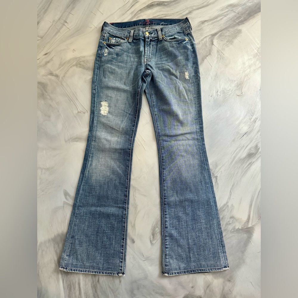 SEVEN FOR ALL MANKIND Super Rare Gold Blue Studded Distressed Flare Jeans 28